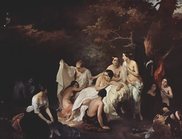 Bad der Nymphen (1831) by Francesco Hayez — original painting reproduced as a hand-painted oil on canvas