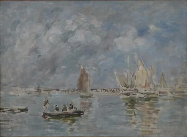 Barques et Estacade (1894) by Eugène Louis Boudin — original painting reproduced as a hand-painted oil on canvas