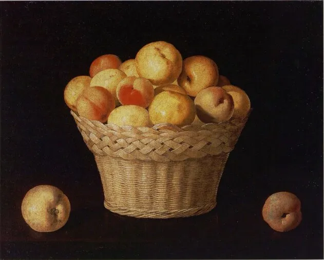 Basket of Apples and Peaches (1630) by Francisco de Zurbarán — original painting reproduced as a hand-painted oil on canvas
