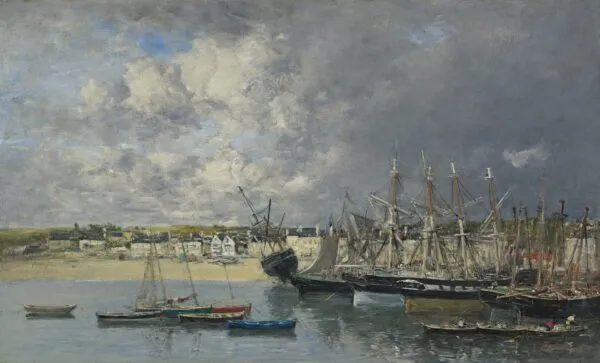 Bateaux à l'Ancre dans le port, Portrieux (1873) by Eugène Louis Boudin — original painting reproduced as a hand-painted oil on canvas