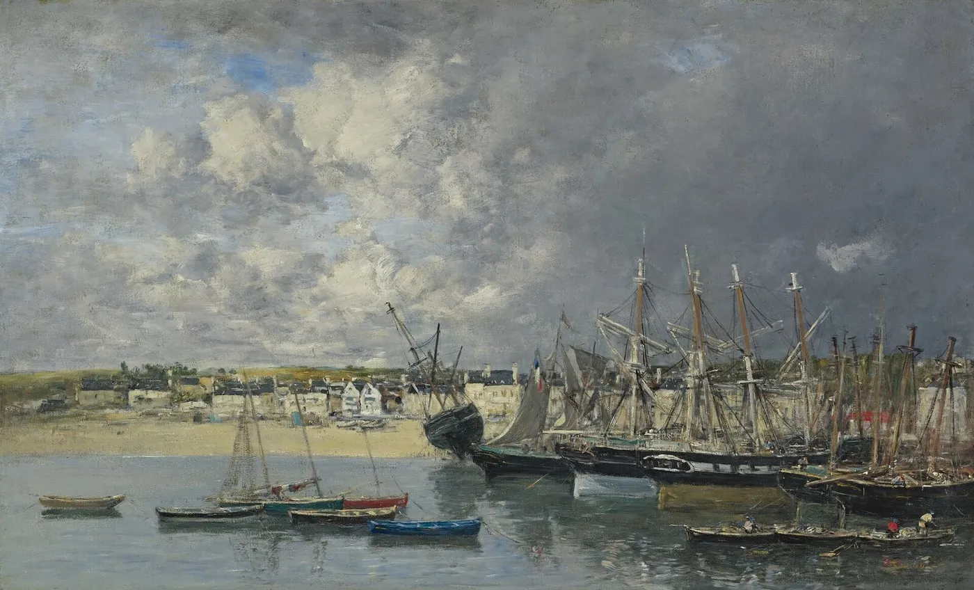 Bateaux à l'Ancre dans le port, Portrieux (1873) by Eugène Louis Boudin — original painting reproduced as a hand-painted oil on canvas
