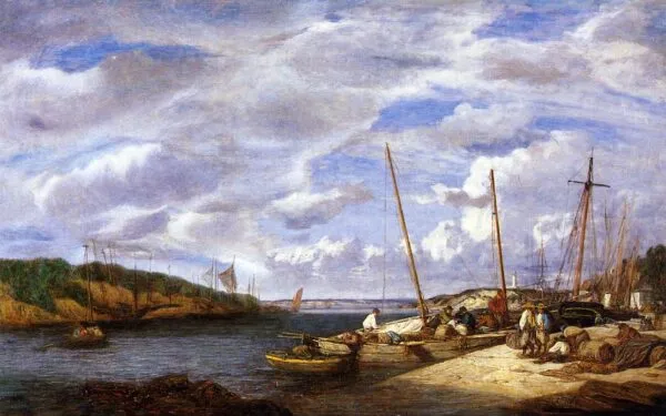 Bateaux de pêche à Douarnenez (1855) by Eugène Louis Boudin — original painting reproduced as a hand-painted oil on canvas
