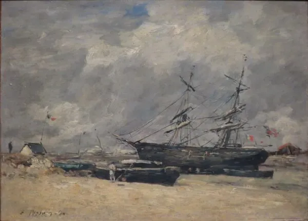 Bateaux de pêche sur la plage. Trouville, marée basse (1880) by Eugène Louis Boudin — original painting reproduced as a hand-painted oil on canvas