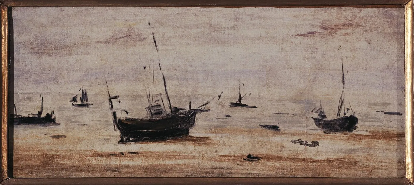 Bateaux échoués à marée basse (1895) by Eugène Louis Boudin — original painting reproduced as a hand-painted oil on canvas