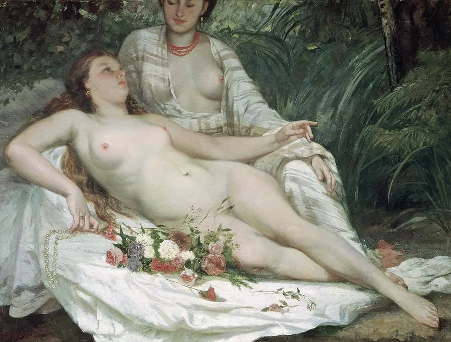 Bathers (Baigneuses) (1858) by Gustave Courbet — original painting reproduced as a hand-painted oil on canvas