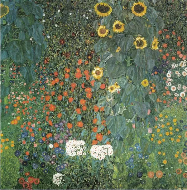 Bauerngarten mit Sonnenblumen (1906) by Gustav Klimt — original painting reproduced as a hand-painted oil on canvas