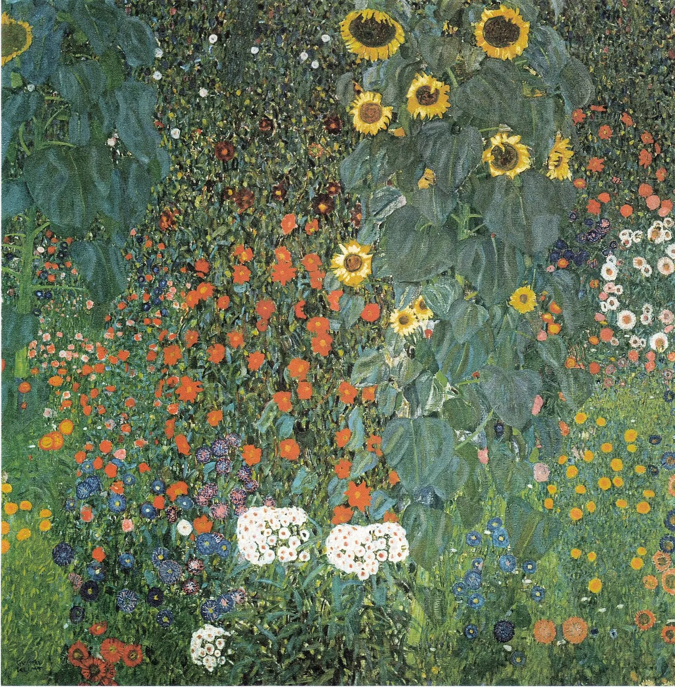 Bauerngarten mit Sonnenblumen (1906) by Gustav Klimt — original painting reproduced as a hand-painted oil on canvas