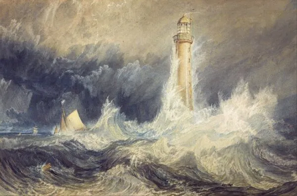 Bell Rock Lighthouse (1819) by J. M. W. Turner — original watercolour reproduced as a hand-painted oil on canvas