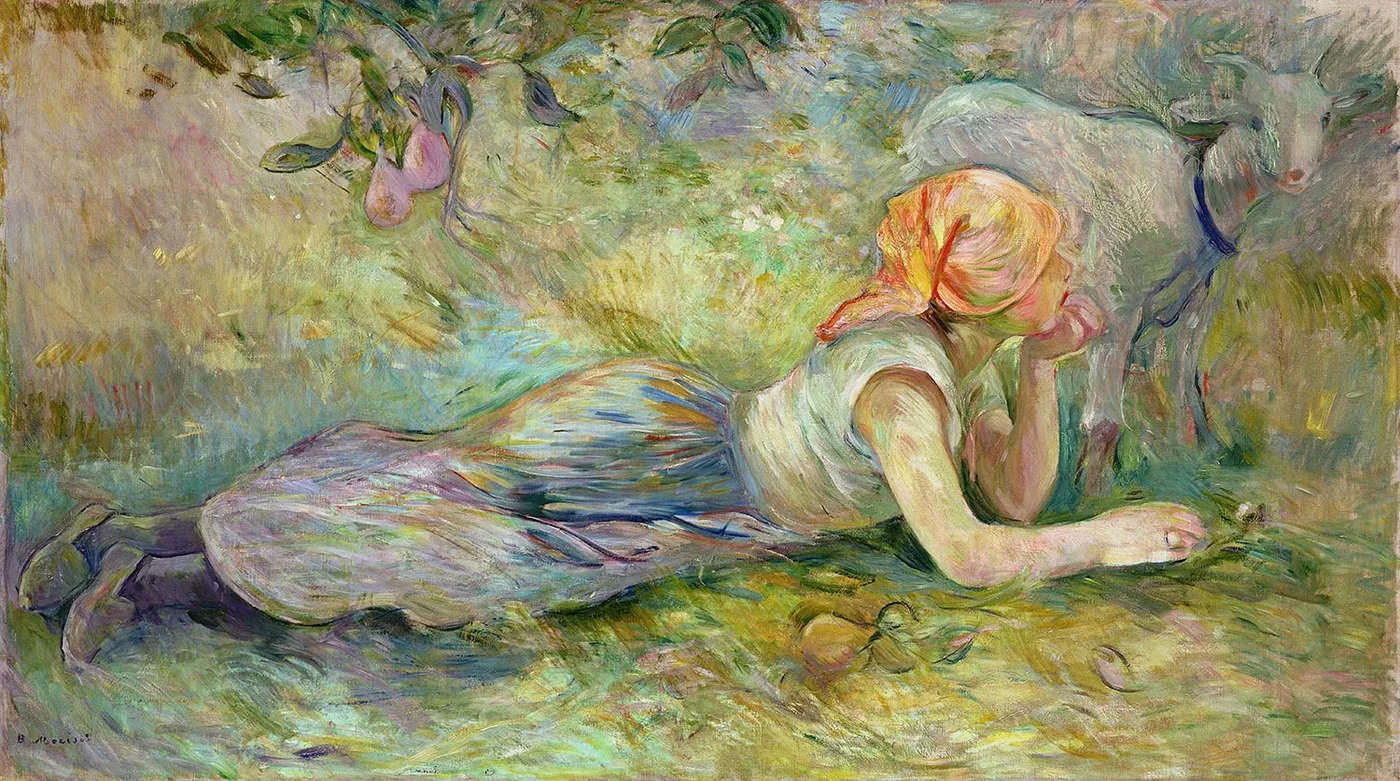 Bergère couchée (1891) by Berthe Morisot — original painting reproduced as a hand-painted oil on canvas