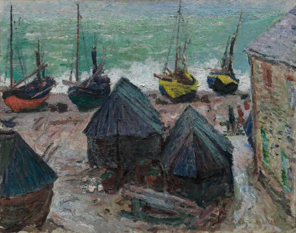 Boats on the Beach at Étretat (1885) by Claude Monet — original painting reproduced as a hand-painted oil on canvas