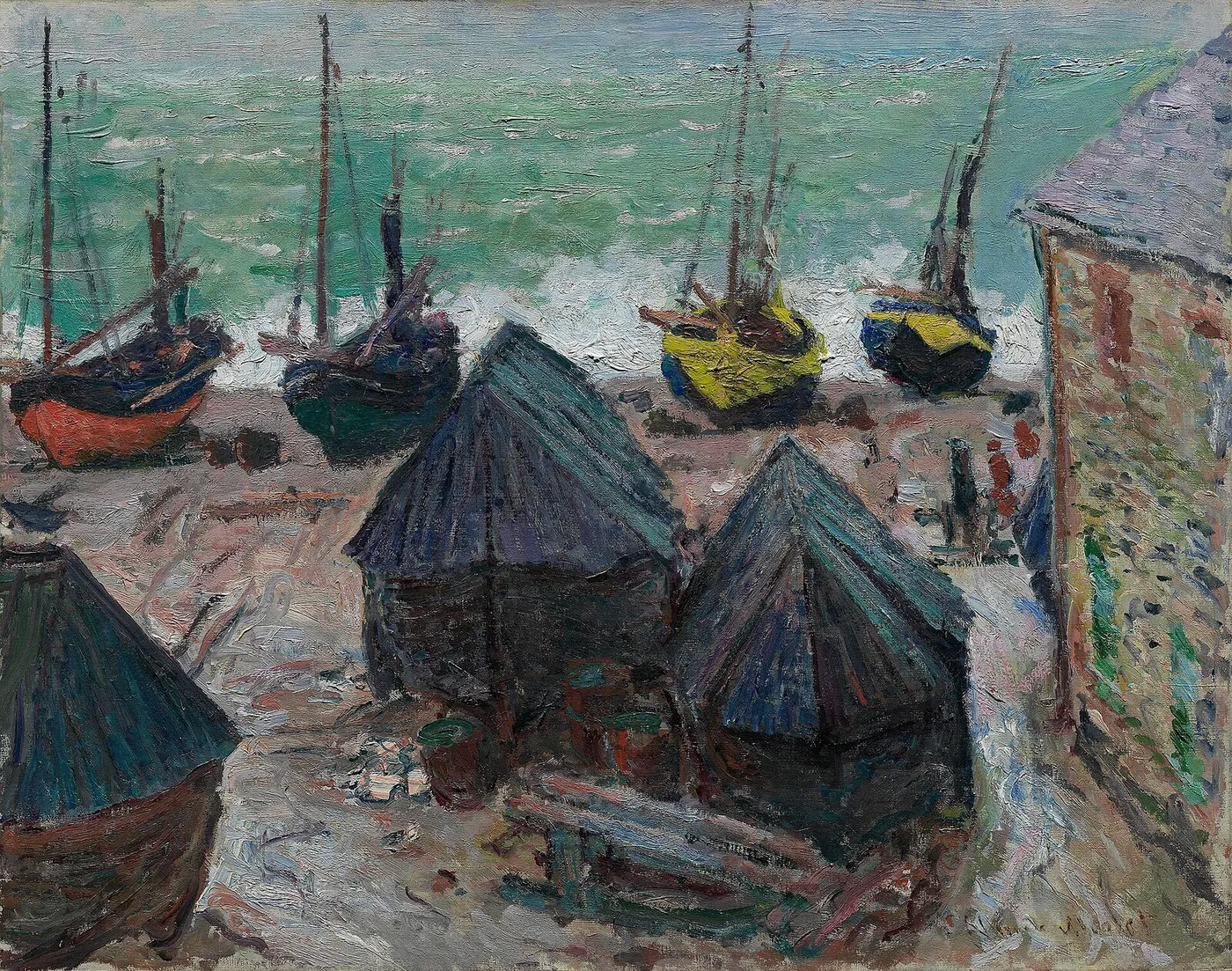 Boats on the Beach at Étretat (1885) by Claude Monet — original painting reproduced as a hand-painted oil on canvas