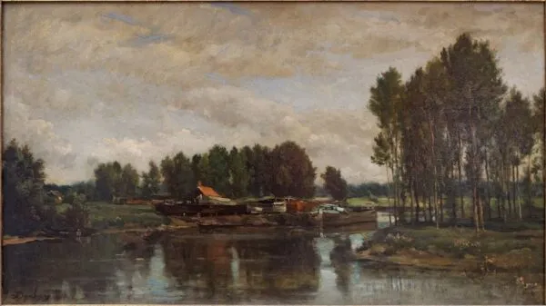 Boats on the Oise (1865) by Charles-François Daubigny — original painting reproduced as a hand-painted oil on canvas