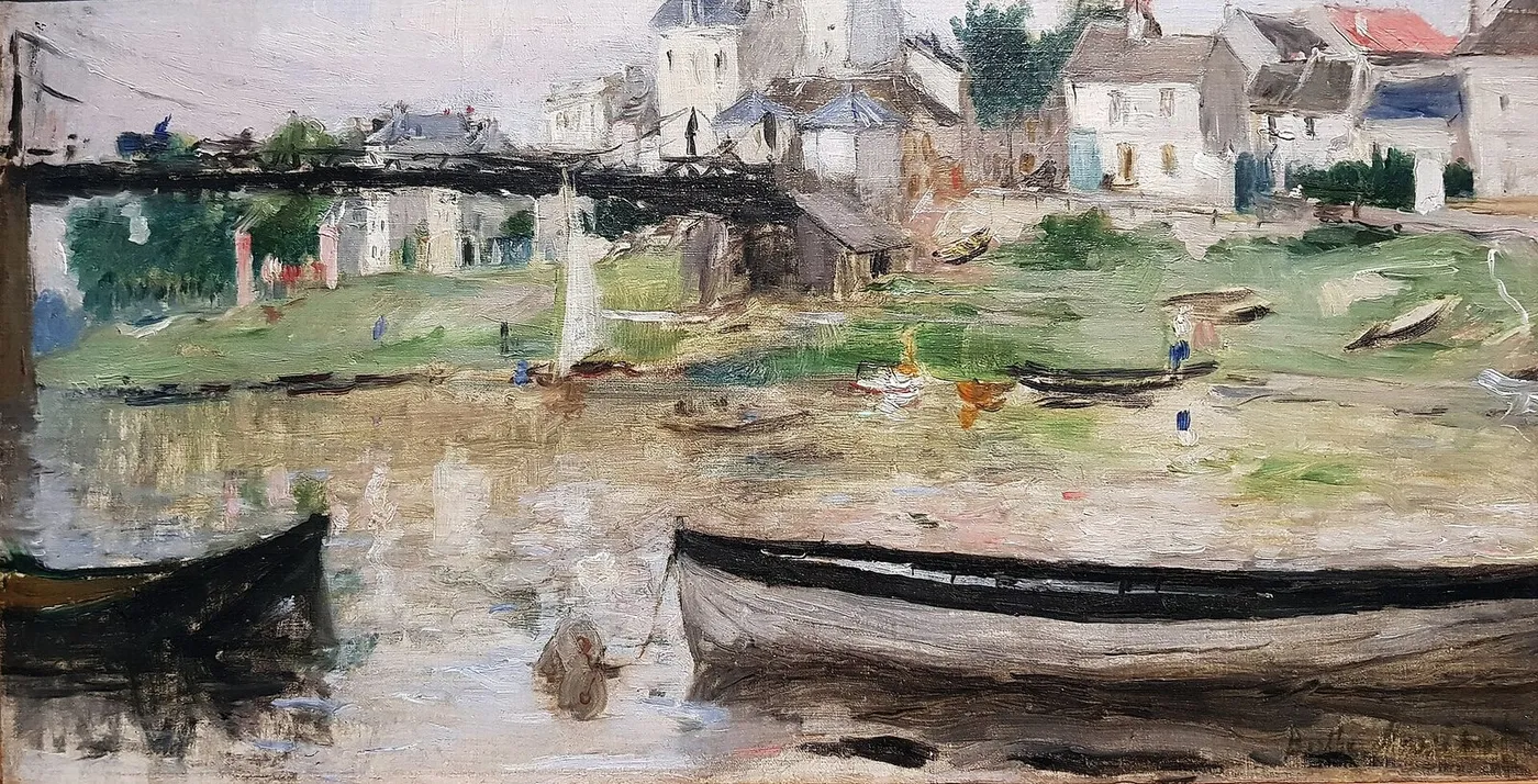 Boats on the River Seine (1879) by Berthe Morisot — original painting reproduced as a hand-painted oil on canvas