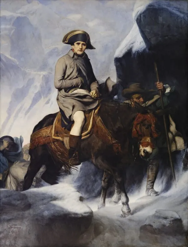 Bonaparte Crossing the Alps (1848) by Paul Delaroche — original painting reproduced as a hand-painted oil on canvas