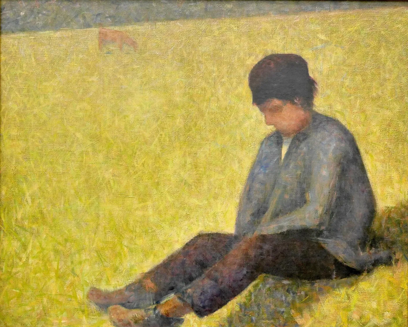 Boy Sitting in a Meadow (1882) by Georges Seurat — original painting reproduced as a hand-painted oil on canvas