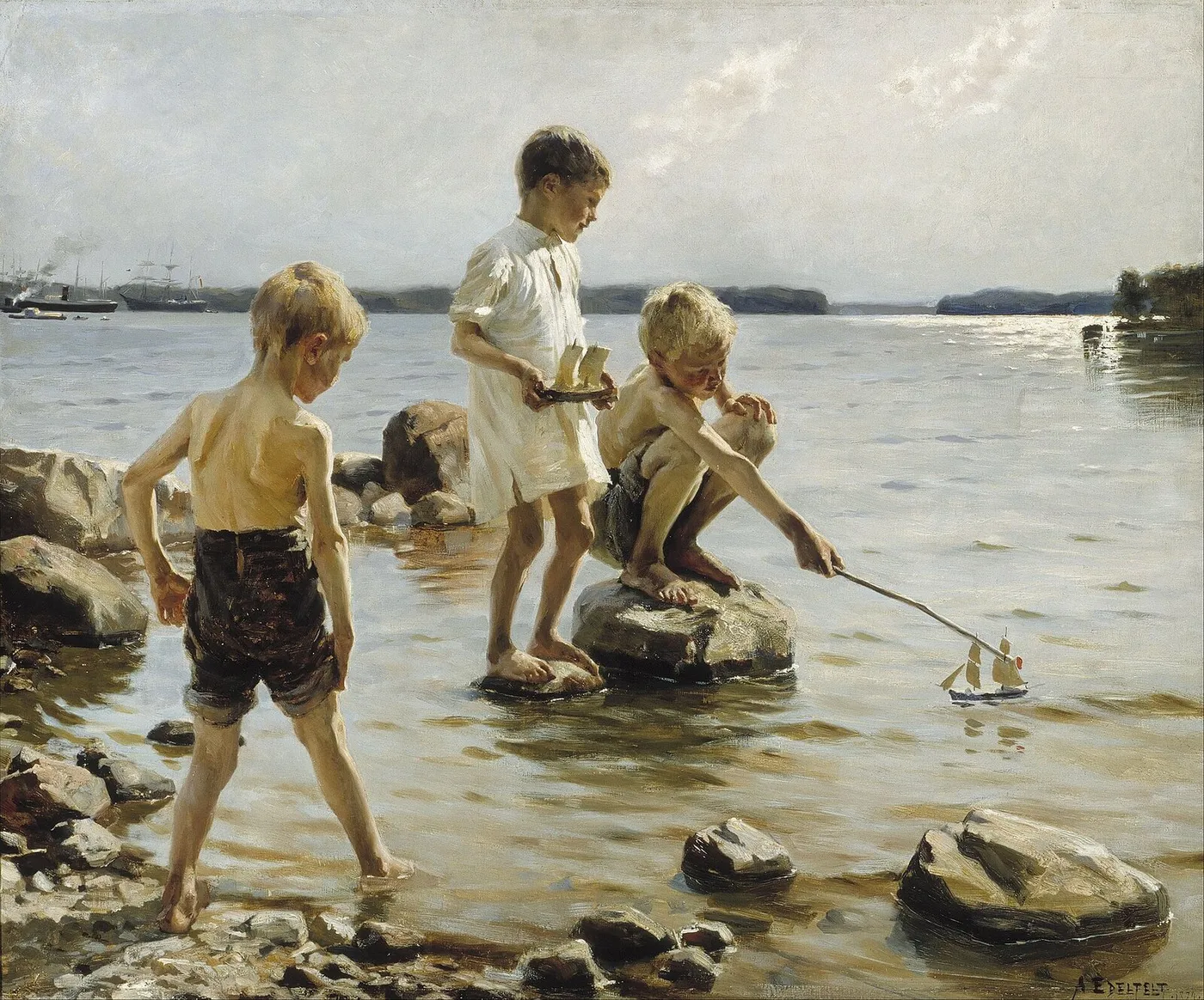 Boys Playing on the Shore (1884) by Albert Edelfelt — original painting reproduced as a hand-painted oil on canvas