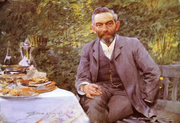 Breakfast in the green (1886) by Anders Zorn — original watercolour reproduced as a hand-painted oil on canvas