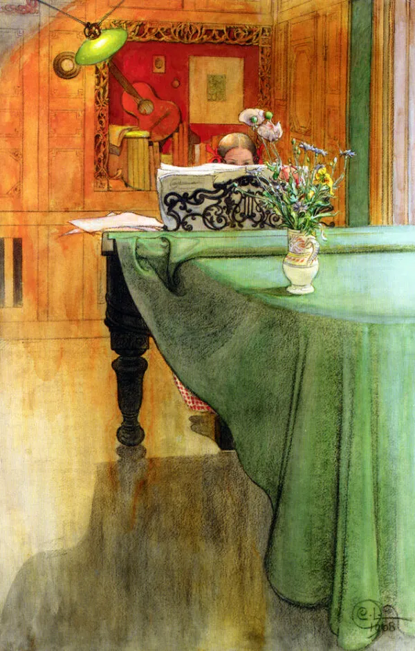 Brita at the Piano (1908) by Carl Larsson — original watercolour reproduced as a hand-painted oil on canvas