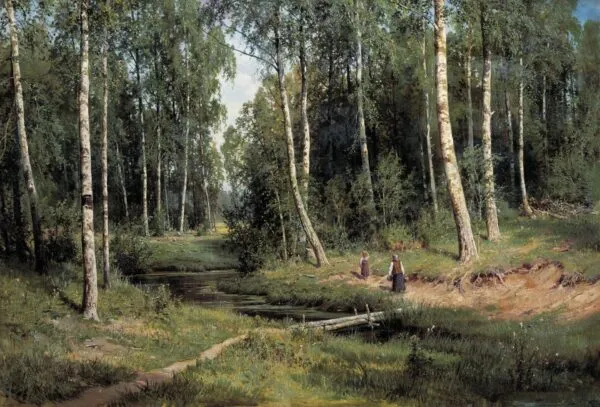 Brook in a Birch Forest (1883) by Ivan Shishkin — original painting reproduced as a hand-painted oil on canvas