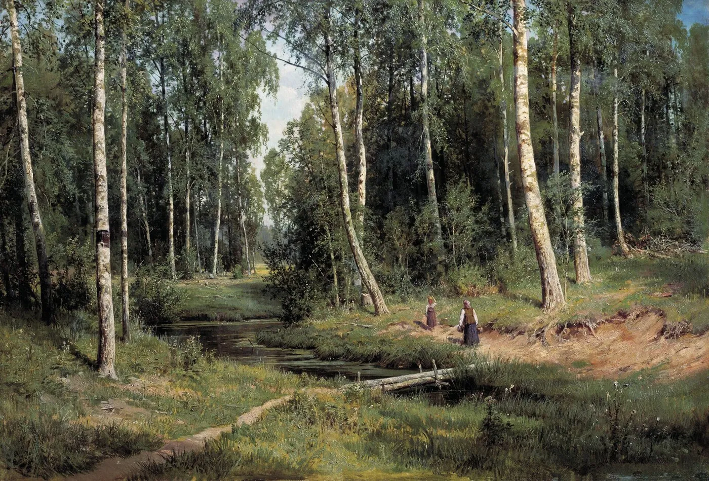 Brook in a Birch Forest (1883) by Ivan Shishkin — original painting reproduced as a hand-painted oil on canvas