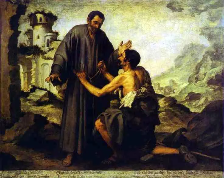Brother Juniper and the Beggar (1646) by Bartolomé Esteban Murillo — original painting reproduced as a hand-painted oil on canvas