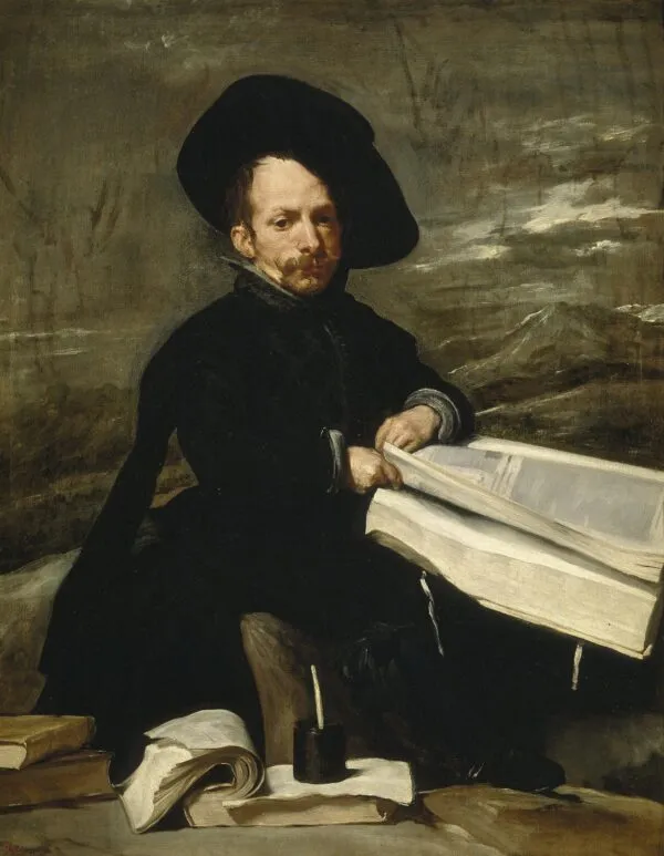 Buffoon with books, formerly known as portrait of "el Primo" (1640) by Diego Velázquez — original painting reproduced as a hand-painted oil on canvas