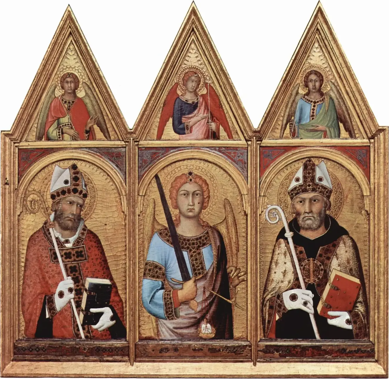 Cambridge altar retable. Scene: three saints with angels, from left: S. Geminianus, S. Michael, S. Augustinus (1319) by Simone Martini — original painting reproduced as a hand-painted oil on canvas