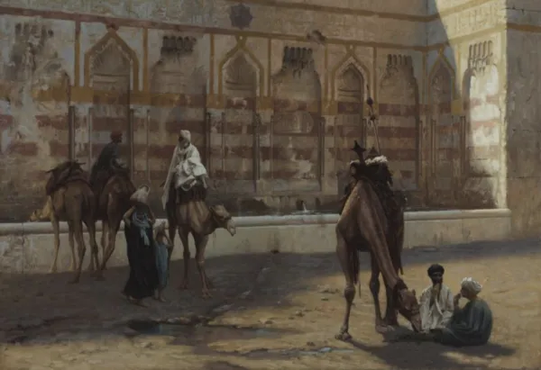 Camels at the Watering Place (1890) by Jean-Léon Gérôme — original painting reproduced as a hand-painted oil on canvas
