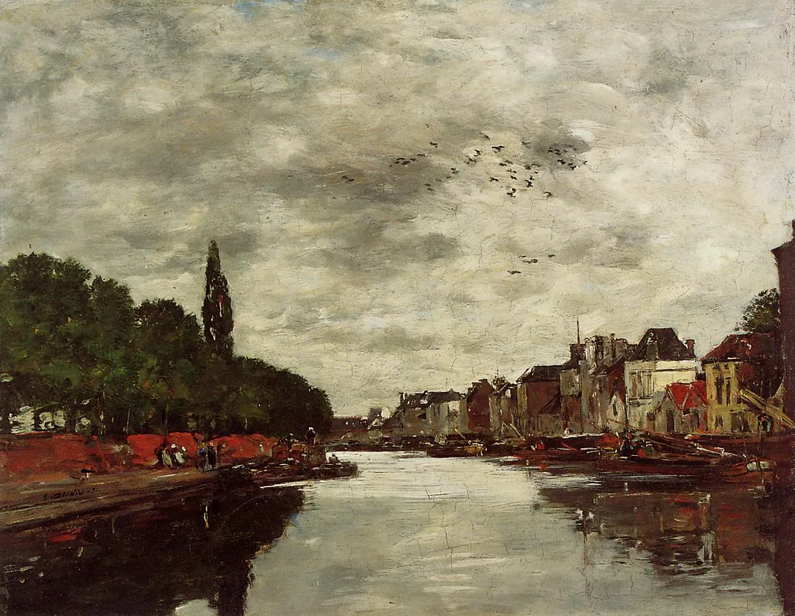 Canal, près de Bruxelles (1871) by Eugène Louis Boudin — original painting reproduced as a hand-painted oil on canvas