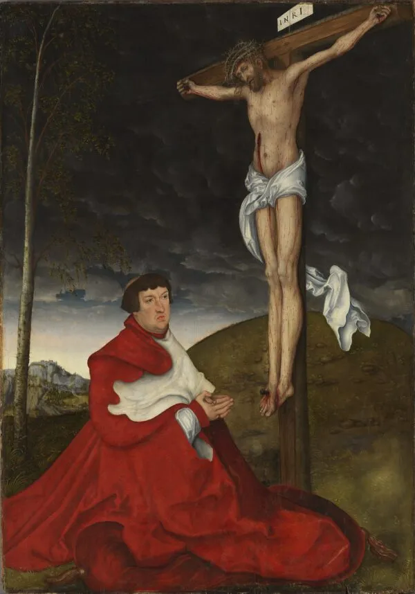 Cardinal Albrecht of Brandenburg in front of the Crucified Christ (1520) by Lucas Cranach the Elder — original painting reproduced as a hand-painted oil on canvas