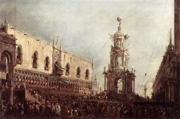 Carnival Thursday on the Piazzetta (1775) by Francesco Guardi — original painting reproduced as a hand-painted oil on canvas