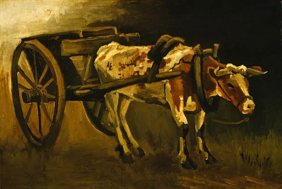 Cart with Red and White Ox (1884) by Vincent van Gogh — original painting reproduced as a hand-painted oil on canvas