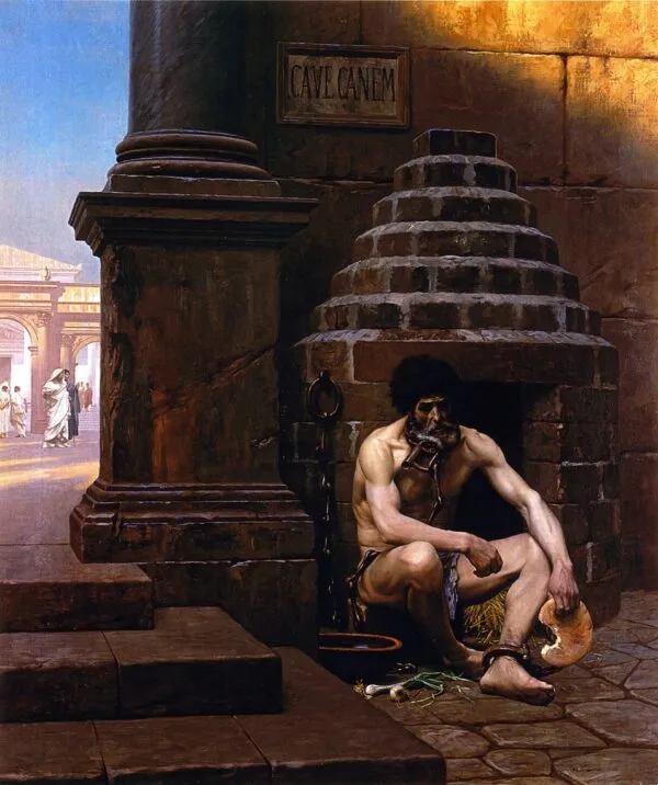Cave Canem (1881) by Jean-Léon Gérôme — original painting reproduced as a hand-painted oil on canvas