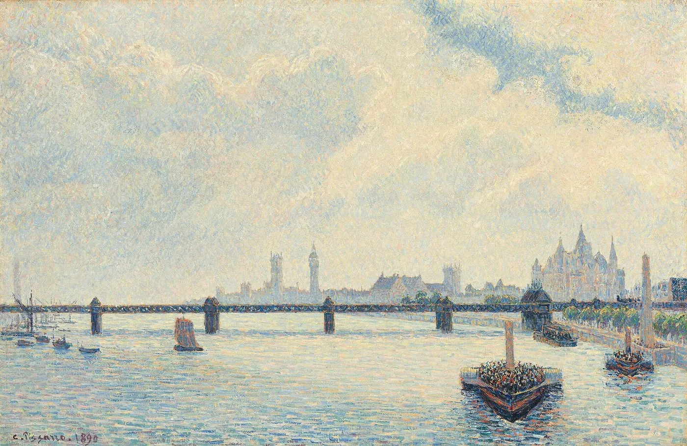 Charing Cross Bridge, London (1890) by Camille Pissarro — original painting reproduced as a hand-painted oil on canvas