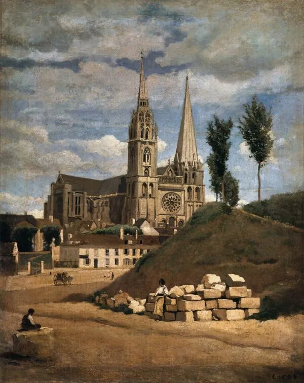 Chartres Cathedral (1830) by Jean-Baptiste Camille Corot — original painting reproduced as a hand-painted oil on canvas