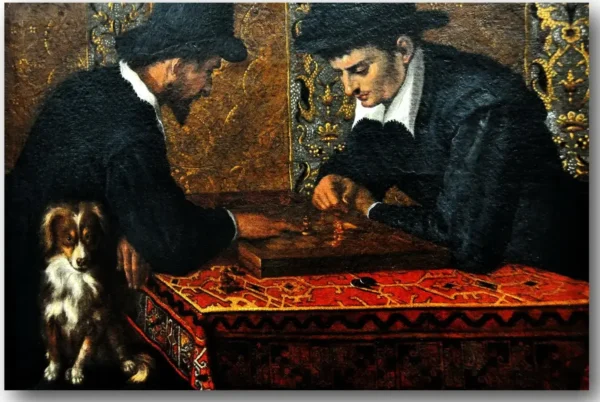 Chess players (1590) by Ludovico Carracci — original painting reproduced as a hand-painted oil on canvas