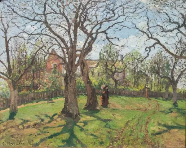 Chestnut Trees at Louveciennes, Spring (1870) by Camille Pissarro — original painting reproduced as a hand-painted oil on canvas