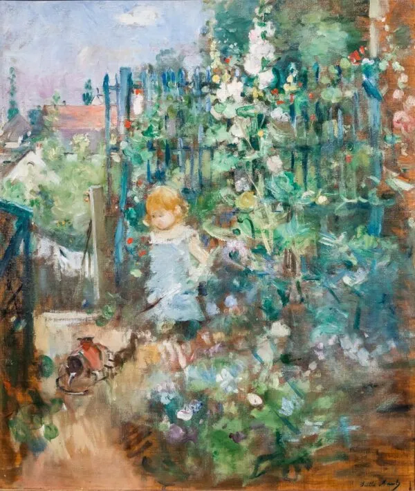 Child among the Hollyhocks (1881) by Berthe Morisot — original painting reproduced as a hand-painted oil on canvas