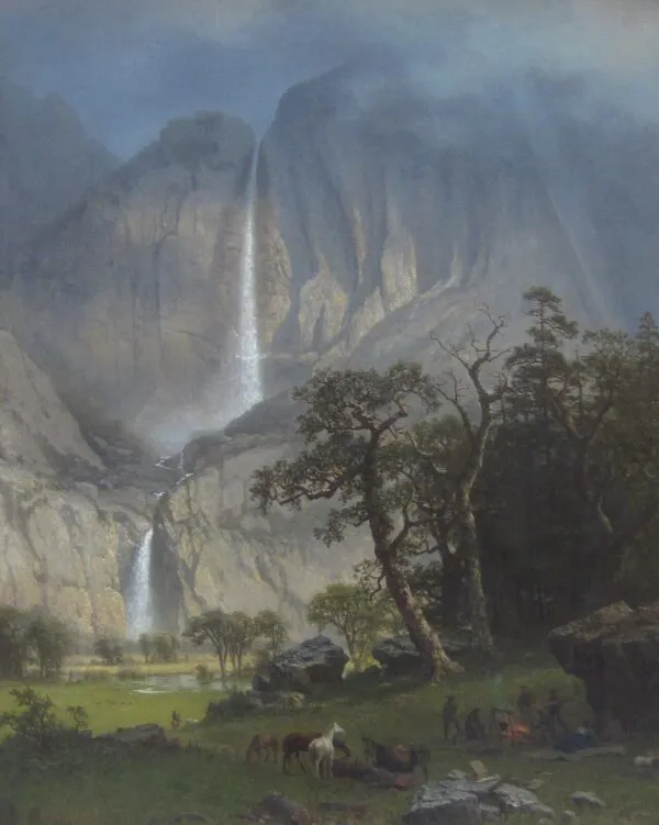 Cho-looke, the Yosemite Fall (1864) by Albert Bierstadt — original painting reproduced as a hand-painted oil on canvas