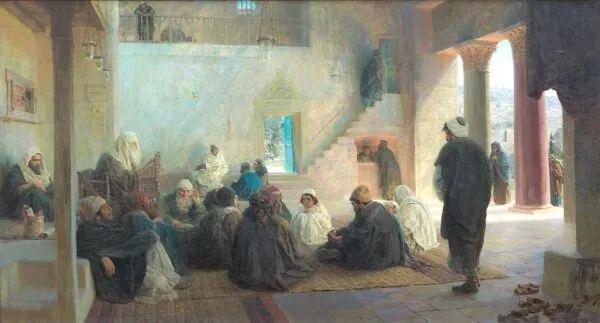 Christ among the doctors (1896) by Vasily Polenov — original painting reproduced as a hand-painted oil on canvas