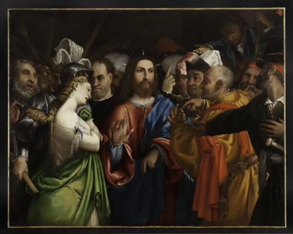 Christ and the Adulteress (1548) by Lorenzo Lotto — original painting reproduced as a hand-painted oil on canvas