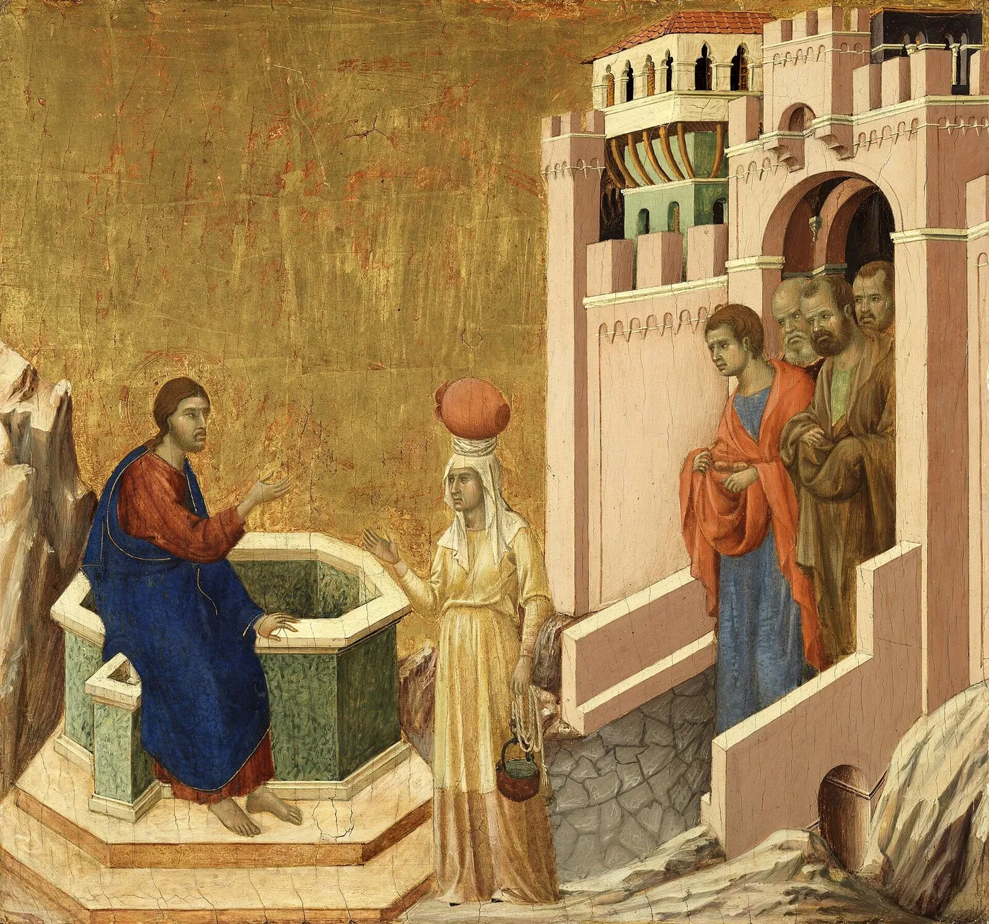Christ and the Samaritan Woman (1310) by Duccio di Buoninsegna — original painting reproduced as a hand-painted oil on canvas