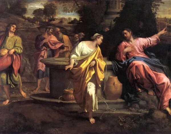 Christ and the Woman of Samaria (1550) by Annibale Carracci — original painting reproduced as a hand-painted oil on canvas