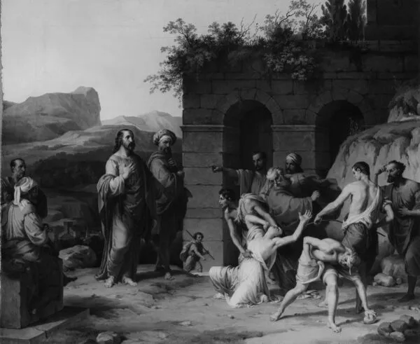 Christ and the woman taken in adultery (1841) by Francesco Hayez — original painting reproduced as a hand-painted oil on canvas