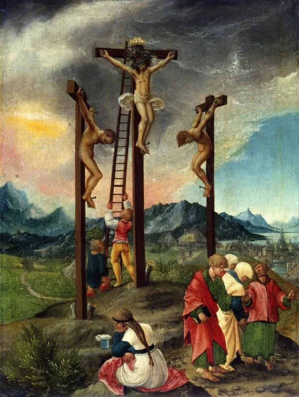 Christ on the Cross between the Two Thieves (1520) by Albrecht Altdorfer — original painting reproduced as a hand-painted oil on canvas