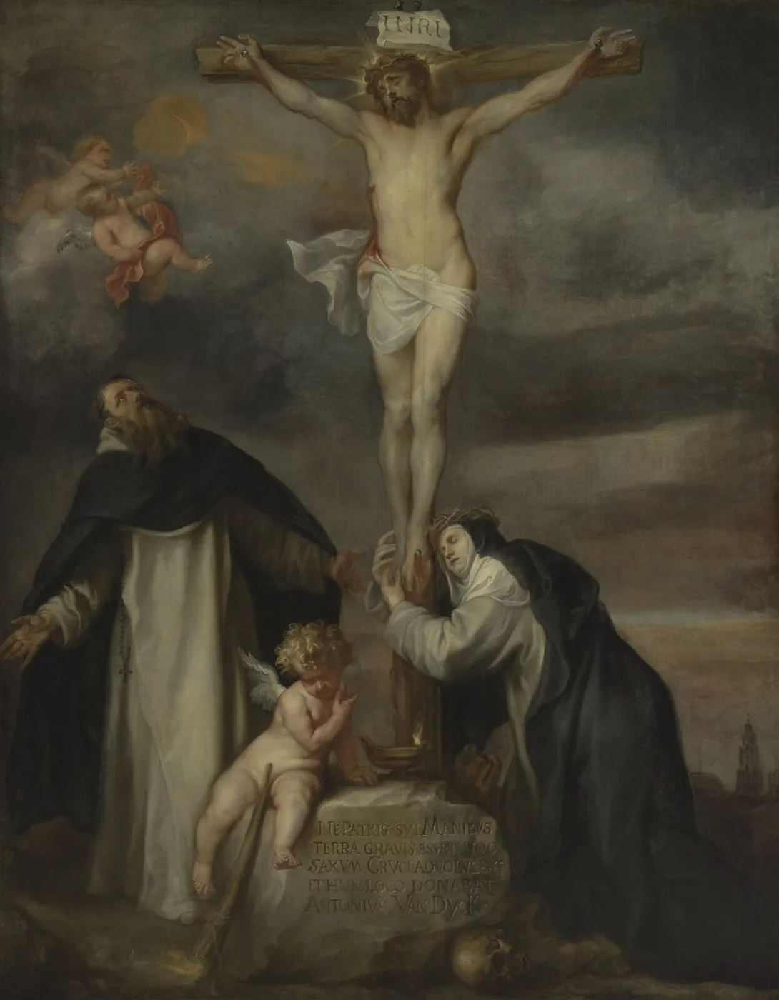 Christ on the Cross with Saint Catherine of Siena, Saint Dominic and an Angel (1620) by Anthony van Dyck — original painting reproduced as a hand-painted oil on canvas