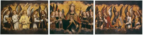 Christ with singing and music-making Angels (1489) by Hans Memling — original painting reproduced as a hand-painted oil on canvas