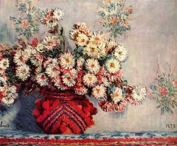 Chrysanths (1878) by Claude Monet — original painting reproduced as a hand-painted oil on canvas