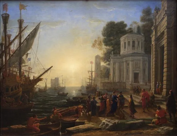 Cleopatra Disembarking at Tarsus (1642) by Claude Lorrain — original painting reproduced as a hand-painted oil on canvas