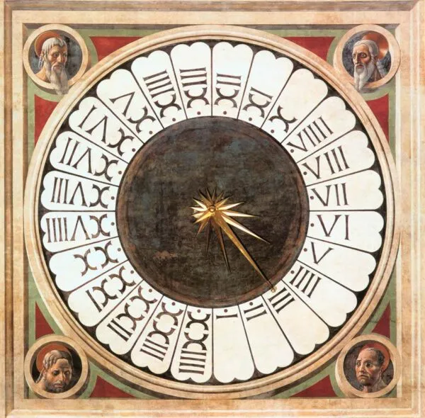 Clock at Florence Cathedral (1443) by Paolo Uccello — original painting reproduced as a hand-painted oil on canvas